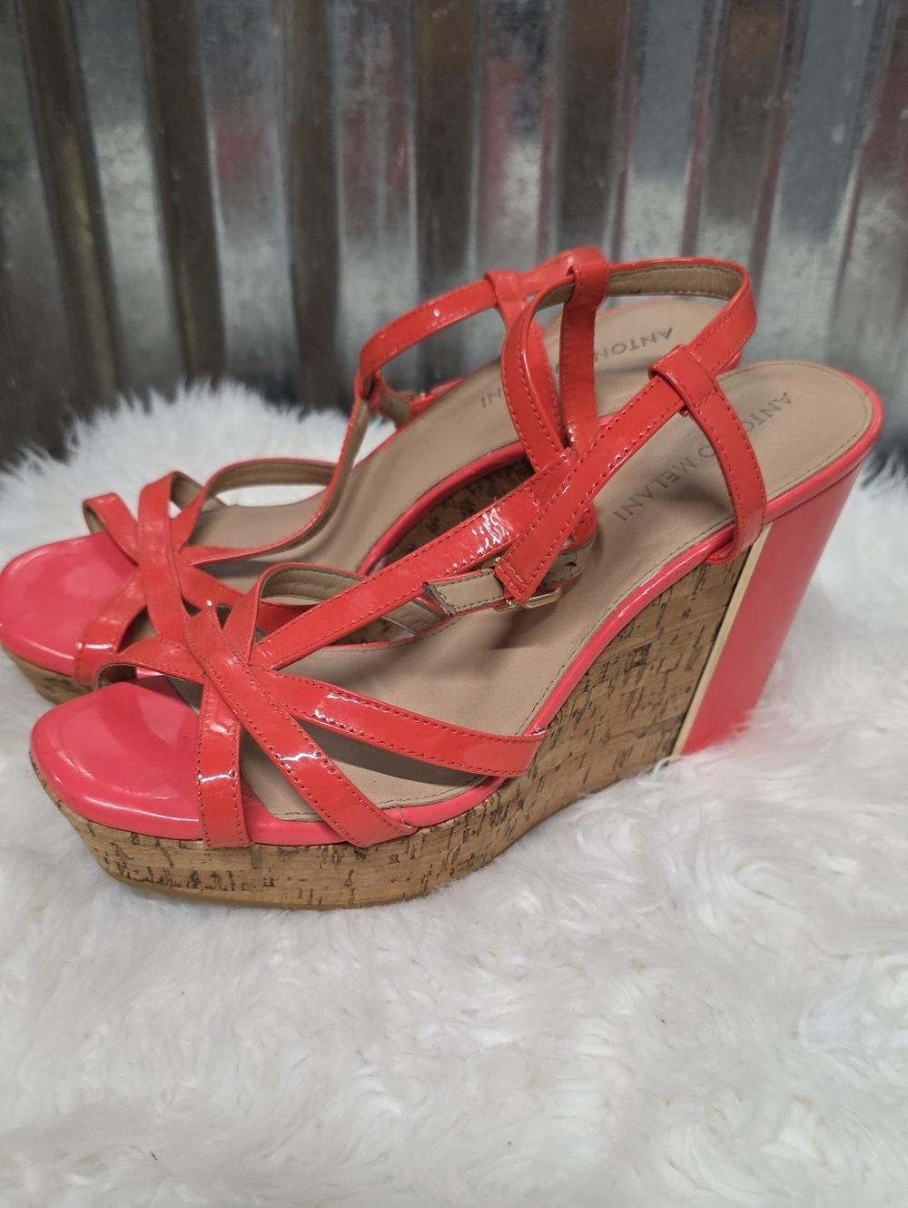 ANTONIO MELANI Coral Patent Cork Wedge Sandals